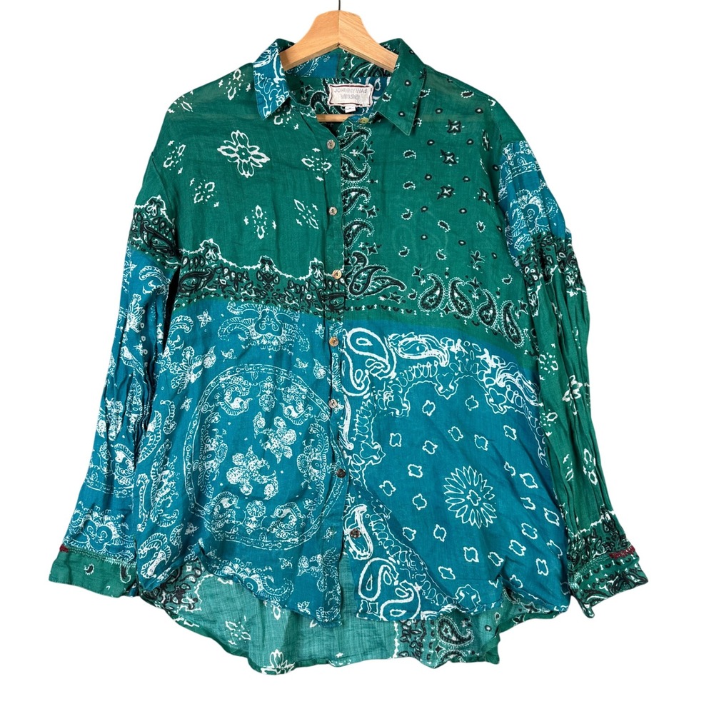 Johnny Was Workshop Ramie Bandana Paisley Patchwork Button Up Shirt Green M